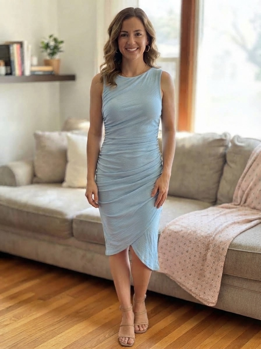 BTFBM Sleeveless Light Blue Ruched Midi Dress